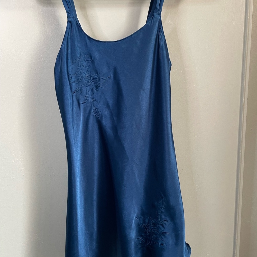 Sears Deep Teal Blue Satin Slip Dress with Delicate Embroidery